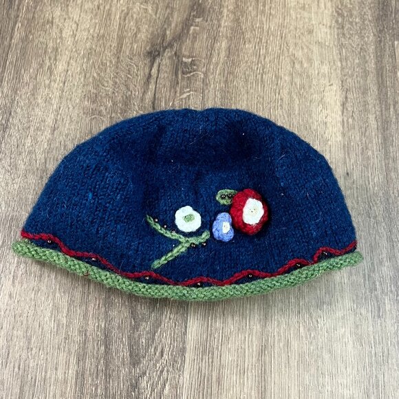 Newari Hat  Navy Wool Beanie Hat Floral Embellished Knit Fleece Lined Icelandic - Picture 2 of 9